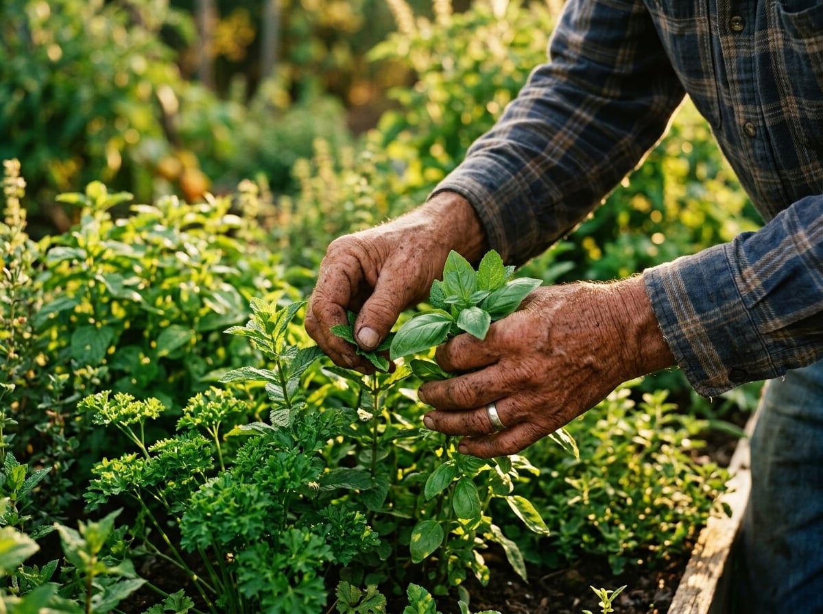 Hands harvesting fresh herbs in a Turkish garden