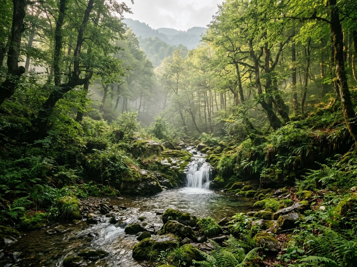 Lush green forest valley with a stream near Oylat, İnegöl